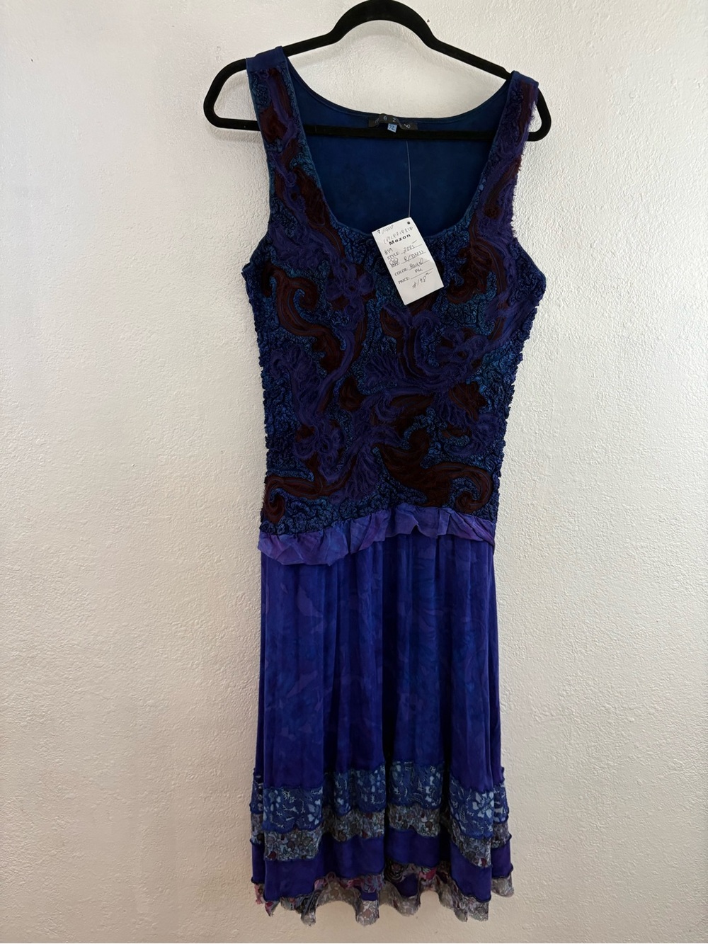 Mezon designer blue dress sleeveless textural bodice and layered skirt  size XL